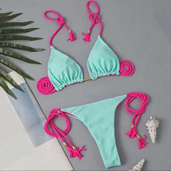 AQUA AND HOT PINK MICRO BIKINI-TIE SIDE BOTTOMS - Picture 2 of 7